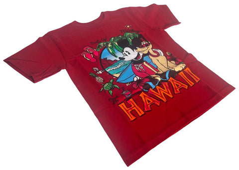 Disney Boys Mickey Mouse & Pluto Surfs Up Beach Life Hawaii Red Shirt Size XS