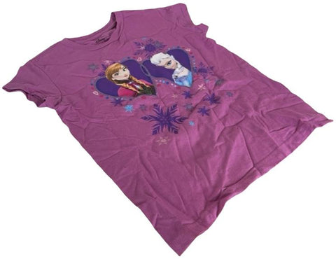 Disney Girls Frozen Anna & Elsa Hearts Graphic Purple Short Sleeve Shirt Size M