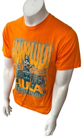 Hard Rock Cafe Men's Honolulu Hula Festival Waikiki Graphic Orange Shirt Size M
