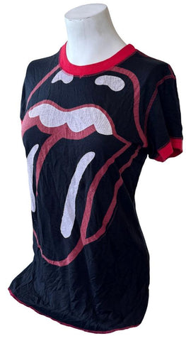 The Rolling Stones Women's Tongue & Lips Graphic Black Short Sleeve Shirt Size L