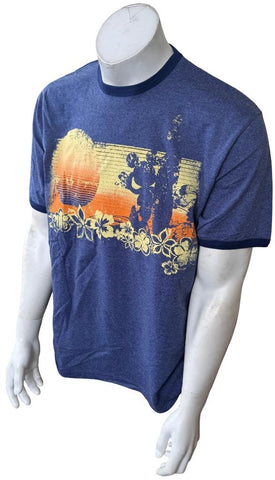 Disney Men's Mickey Mouse Sunset Surf Board Blue Short Sleeve Shirt Size Large