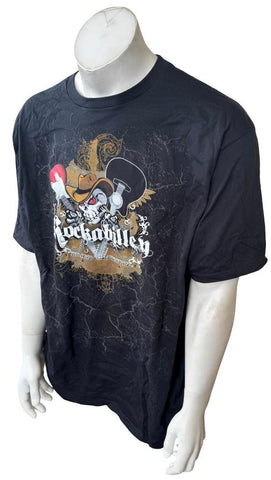 Anvil Men's Rockabilley Brand Clothing Skull With Guitars Black Shirt Size 2XL