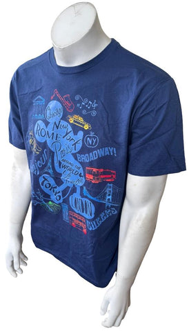 Disney Men's Mickey Mouse Around The World Graphic Blue Shirt Size Medium