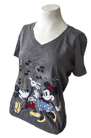 Disney Women's Mickey & Minnie Mouse Dancing Graphic Gray V-Neck Shirt Size L