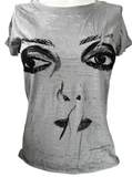 Bella Women's Blondie Face Graphic Gray Sheer Short Sleeve Shirt Size Small
