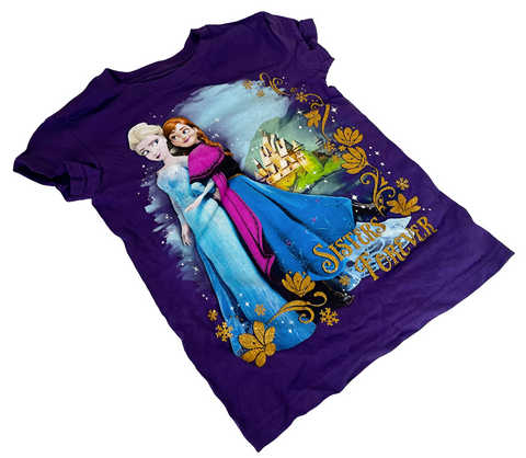 Disney Girls Elsa & Anna Sisters Forever Purple Short Sleeve Shirt Size Small