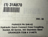 Parker SH6-62 Hydraulic Quick Connect Hose Coupling Socket 60 Series 31A870