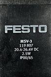Festo MVH-5-1/4-B Solenoid Valve 19701 5/2 Way w/ MSV-3 Solenoid Coil 119807