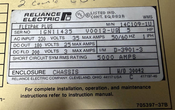 Reliance Electric 14C109-1U FlexPak Plus VS Drive 5 HP 230VAC 50/60Hz