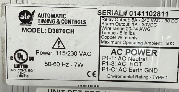 ATC Automatic Timing & Controls D3870CH Digital Panel Meter 115/230 VA