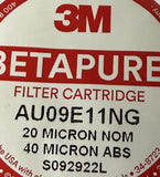 3M AU09E11NG Betapure AU Series Filter Cartridge 9-3/4" 40 µm Absolute