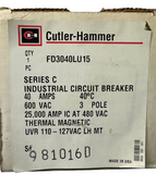 Cutler-Hammer FD3040LU15 Industrial Circuit Breaker Series C 600VAC 40AMP 3 Pole