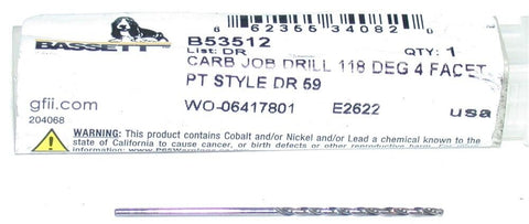 Bassett B53512 DR #59 Carbide Jobber Drill New Free Shipping