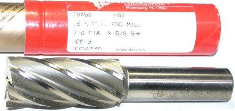 Brubaker 79452 7/8" Diameter 5/8" Shank 6 Flute HSS End Mill New