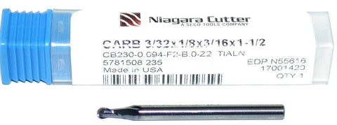 Niagara N55616 Carbide 3/32 Diameter 1/8 Shank 2 Flute TiAlN Coat Ball End Mill