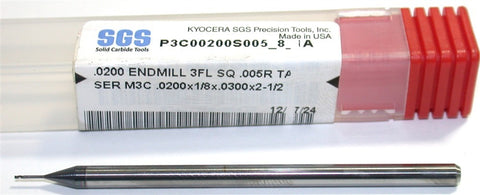 Kyocera SGS P3C00200S005_8_1A .0200" Diameter 3 Flute Carbide End Mill