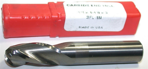 HTC 1/2" Diameter 1/2" Shank 3 Flute Solid Carbide Ball End Mill