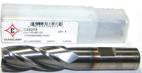 Cleveland Twist C33273 11/16" Diameter 5/8" Shank 4 Flute TiCN Coat HSS End Mill