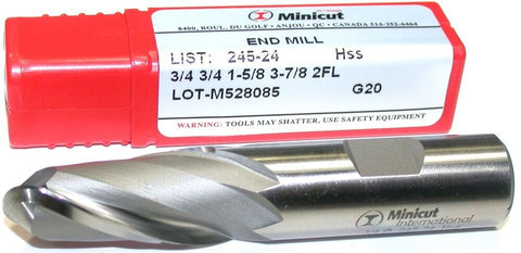 Minicut 245-24 3/4" 2 Flute 3/4" Shank Cobalt HSS Ball End Mill New