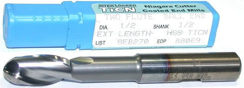 Niagara 88069 1/2" Diameter 1/2" Shank 2 Flute HSS TiCN Coated Ball End Mill New