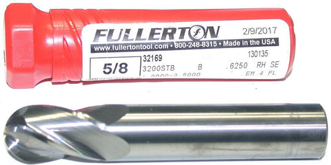 Fullerton 32169 5/8" Diameter 4 Flute Solid Carbide Ball End Mill New