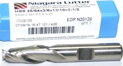Niagara 25/64" diameter Single End 2 Flute HSS End Mill N20129 New