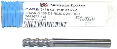 Niagara N90764 3/16" diameter 4 Flute Carbide .030CR TiCN Coated End Mill New
