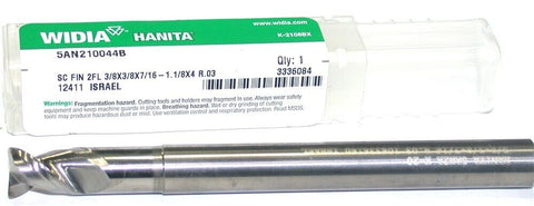 Widia 5AN210044B 2-Flute Carbide 3/8" Diameter 4" OAL End Mill .030R