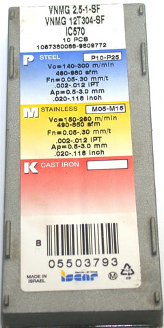 Lot of 7 New Iscar VNMG 2.5-1-SF IC507 Carbide Coated Turning inserts 05503793