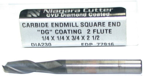 Niagara 77916 1/4" diameter 2 Flute Carbide DiamondPlus Coated End Mill New