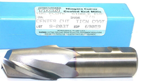 Niagara Cutter 1" Diameter 7/8" Shank 2 Flute HSS TiCn Coat End Mill 69059 New
