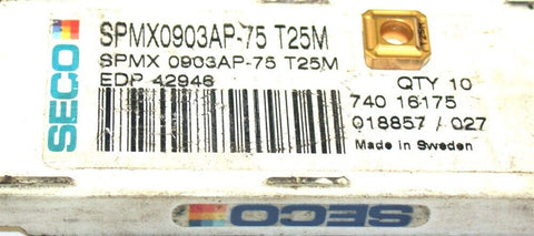 Lot of 4 New SECO SPMX0903AP-75 T25M TiN Coated Carbide Milling Inserts