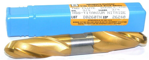 Niagara 26240 3/4" 3/4" Shank 2 Flute HSS TiN Coated Ball Double End Mill New