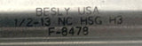 Besly USA 1/2-13 NC X 8" Plug Hand Tap 4 Flute HSG H3 F-8478