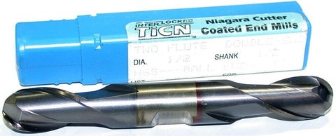 Niagara 1/2" 1/2" Shank 2 Flute HSS TiAlN Coated Ball Double End Mill 88058 New
