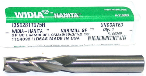 Widia I3S0281T075R 3-Flute Carbide 1/2" End Mill New