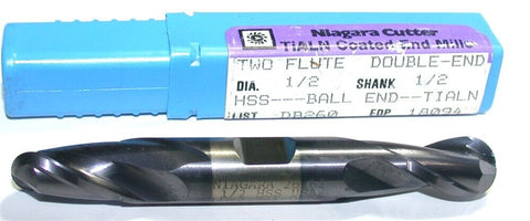 Niagara 18094 1/2" 1/2" Shank 2 Flute HSS TiALN Coated Ball Double End Mill New