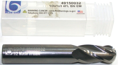Blue Chip 49150032 1/2" Diameter 1/2in shank 4 Flute Solid Carbide Ball End Mill