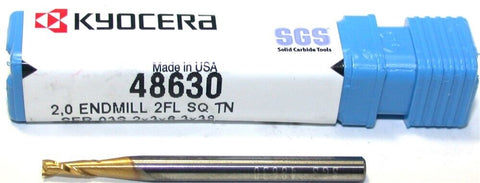 Kyocera SGS 48630 2mm Diameter 3mm Shank 2 Flute TiN Coated Carbide End Mill New