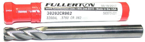 Fullerton 30202CR062 3/8" Diameter 4 Flute .062CR Solid Carbide End Mill New