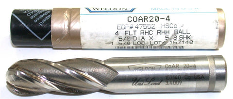 Weldon 47552 5/8" Diameter 5/8" Shank 4 Flute HSS Ball End Mill COAR20-4