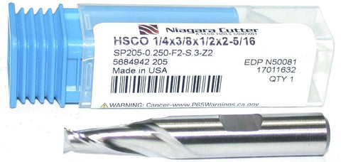 Niagara N50081 1/4" Diameter 3/8" Shank 2 Flute HSS End Mill New