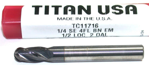 Titan TC11716 1/4" Diameter 1/4" shank 4 Flute AlTiN Coat Carbide Ball End Mill