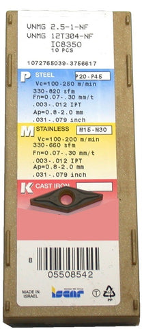 Lot of 10 New Iscar VNMG 2.5-1-NF IC8350 Carbide Coated Turning inserts 05508542