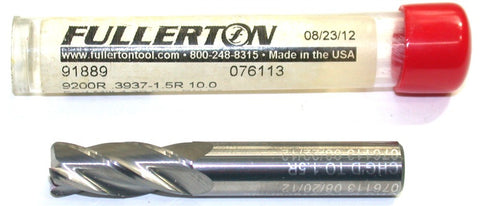 Fullerton 91889 10mm(.3937") Diameter 4 Flute 1.5mm CR Carbide End Mill New
