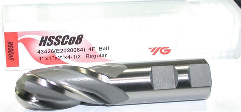 YG-1 43426 HSSCo8 1" 4 flute Ball Cobalt HSS Ball End Mill New