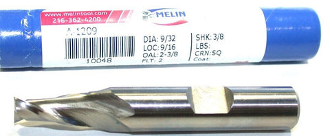 Melin A-1209 9/32" Diameter 3/8" Shank 2 Flute Cobalt End Mill New