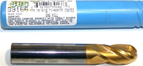 SGS 39166 9/16" Diameter 9/16" Shank 4 Flute TiN Coated Carbide Ball End Mill