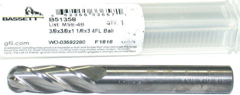 Bassett B51358 3/8" Diameter 3/8" Shank 4-Flute Carbide Ball End Mill New