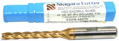 Niagara 44070 7/32" .218" diameter Tin Coat 4 Fl Xtra long HSS End Mill 45120